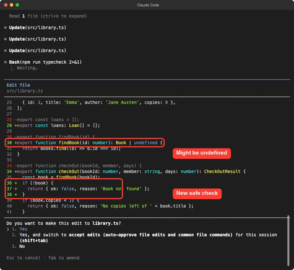 Claude Code diff of library.ts showing findBook typed as returning Book or undefined and a new if not book check returning ok false with the reason Book not found, both highlighted