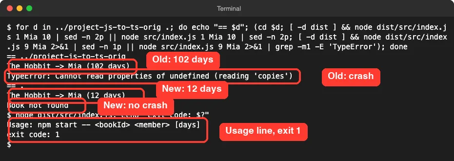 Terminal comparing the old JavaScript printing 102 days and crashing with a TypeError for an unknown book, and the new TypeScript build printing 12 days, Book not found, and a usage line with exit code 1