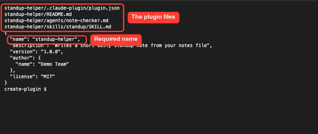 Terminal listing the standup-helper plugin files and printing plugin.json with the name field highlighted