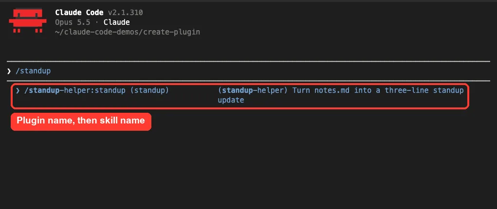 Claude Code slash menu showing /standup-helper:standup with its description from the plugin