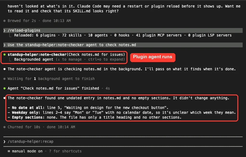 Claude Code running the standup-helper:note-checker agent and reporting one undated entry in notes.md