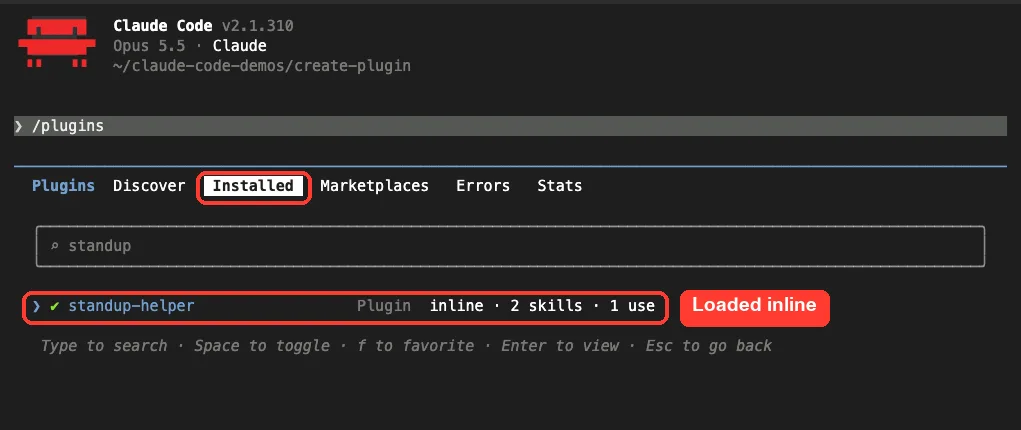 Claude Code /plugin Installed tab filtered to standup-helper showing inline and 2 skills