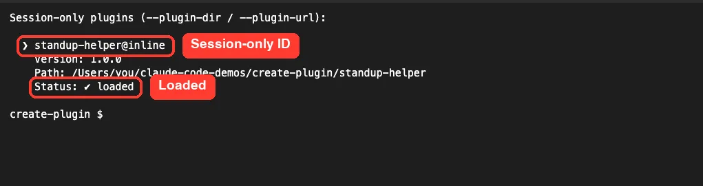 claude plugin list output showing standup-helper@inline, version 1.0.0 and Status loaded