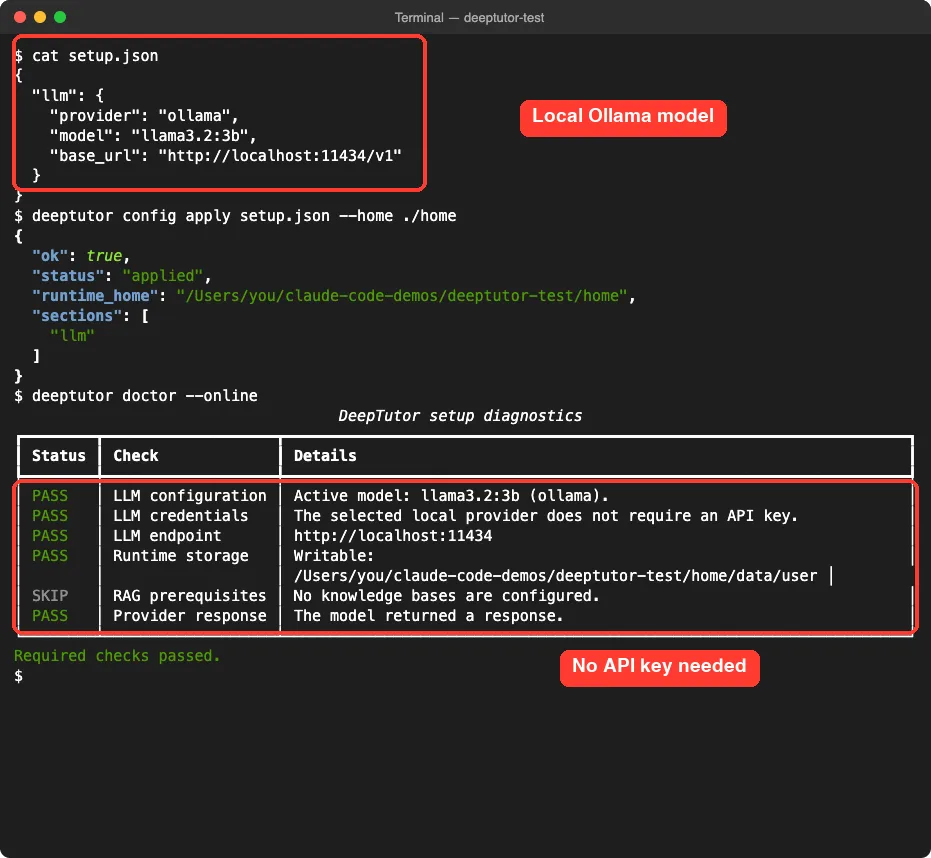 DeepTutor doctor check passing with a local Ollama model and no API key