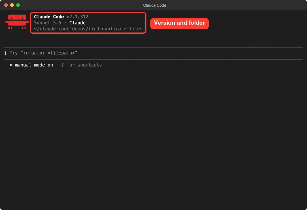 Claude Code start screen showing the version number and the demo folder path, with both highlighted