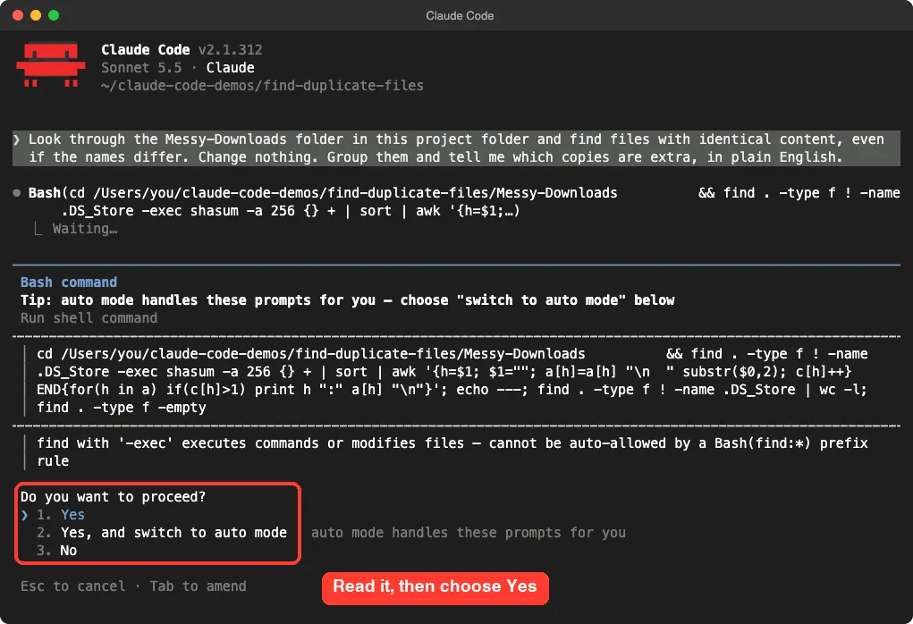 Claude Code asking permission to run a command that calculates a checksum for each file in the practice folder, with the Do you want to proceed question highlighted