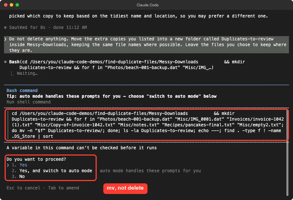 Claude Code asking permission to run a command that creates Duplicates-to-review and moves seven listed files into it, with the command highlighted