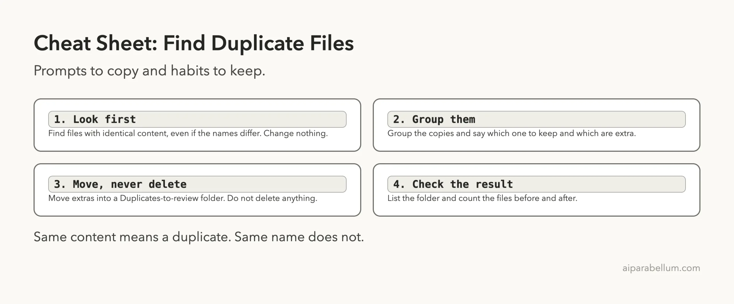 Cheat sheet card with four steps: look first, group them, move never delete, and check the result