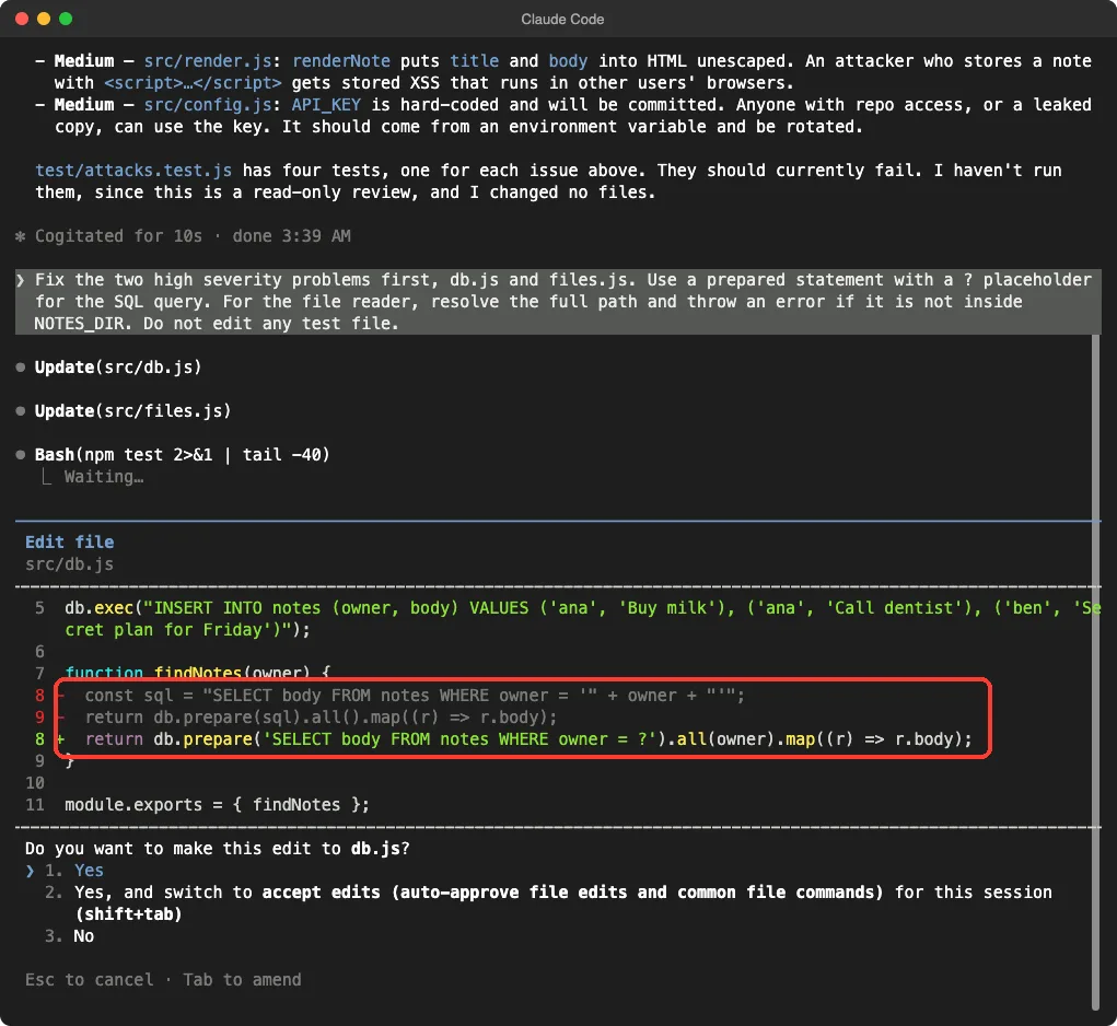 Claude Code asking to edit db.js, with the changed lines highlighted, replacing string concatenation with a prepared statement using a question mark placeholder