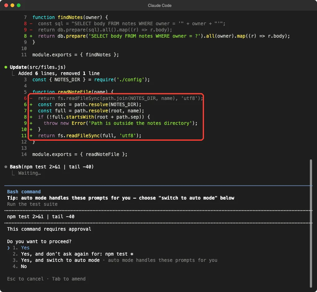 Claude Code showing the diff for files.js, with the new resolve, startsWith check and thrown error highlighted