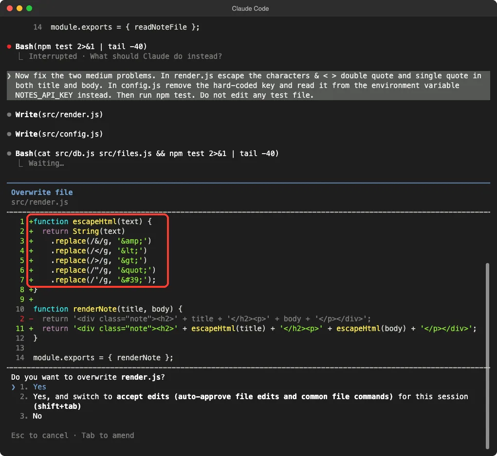 Claude Code asking to overwrite render.js, with the new escapeHtml function highlighted