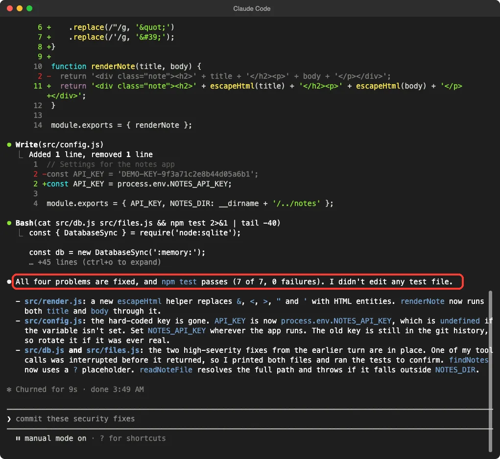 Claude Code summary saying all four problems are fixed and npm test passes seven of seven, with that sentence highlighted