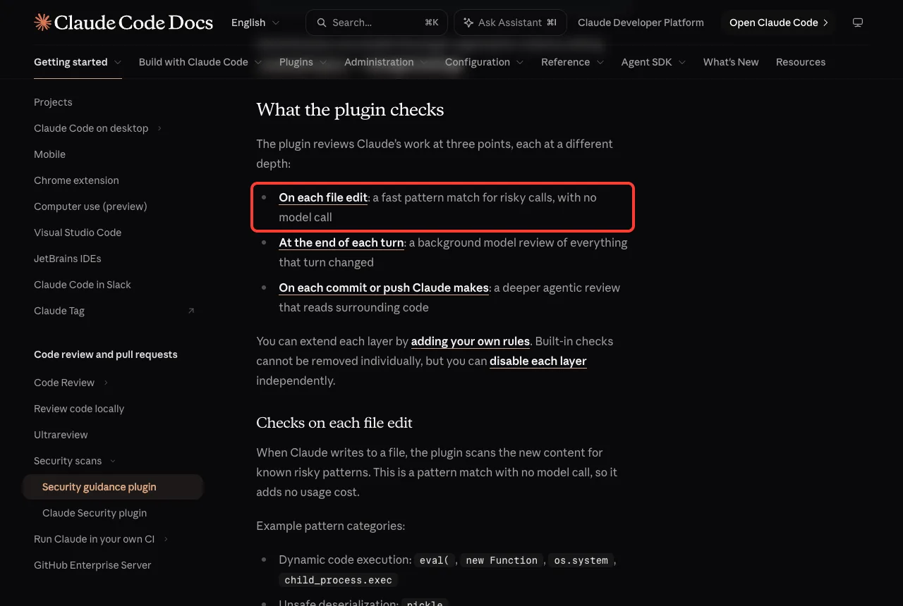 Anthropic documentation page listing the three points where the security guidance plugin reviews Claude's work, with the first one highlighted