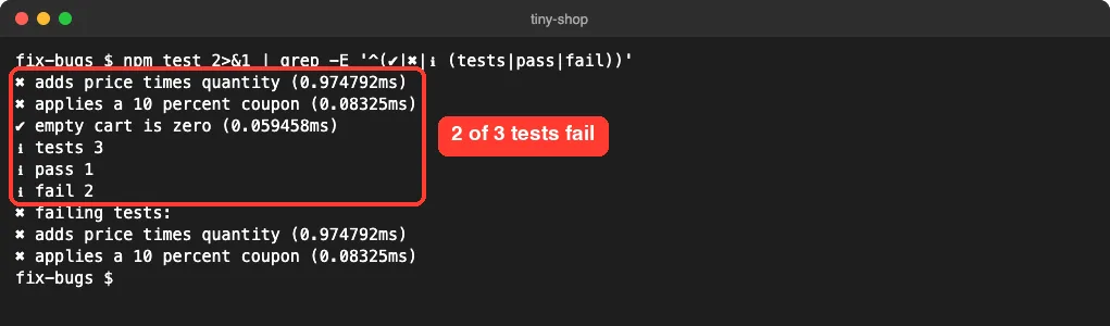 Terminal running npm test on the demo project, showing two of three cart tests failing and one passing