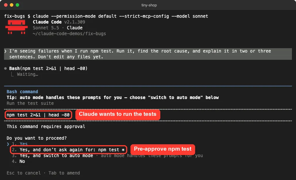 Claude Code Bash permission prompt for npm test with options Yes, Yes and don't ask again for npm test, switch to auto mode, and No