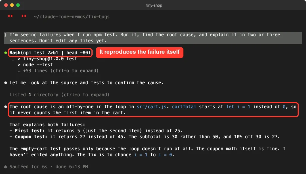Claude Code output showing it ran npm test, then explaining the root cause is an off-by-one loop in src/cart.js that skips the first item