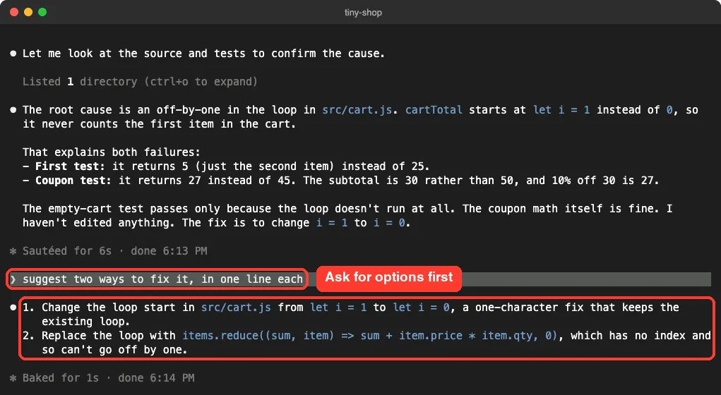 Claude Code listing two fix options: change the loop start from 1 to 0, or replace the loop with items.reduce