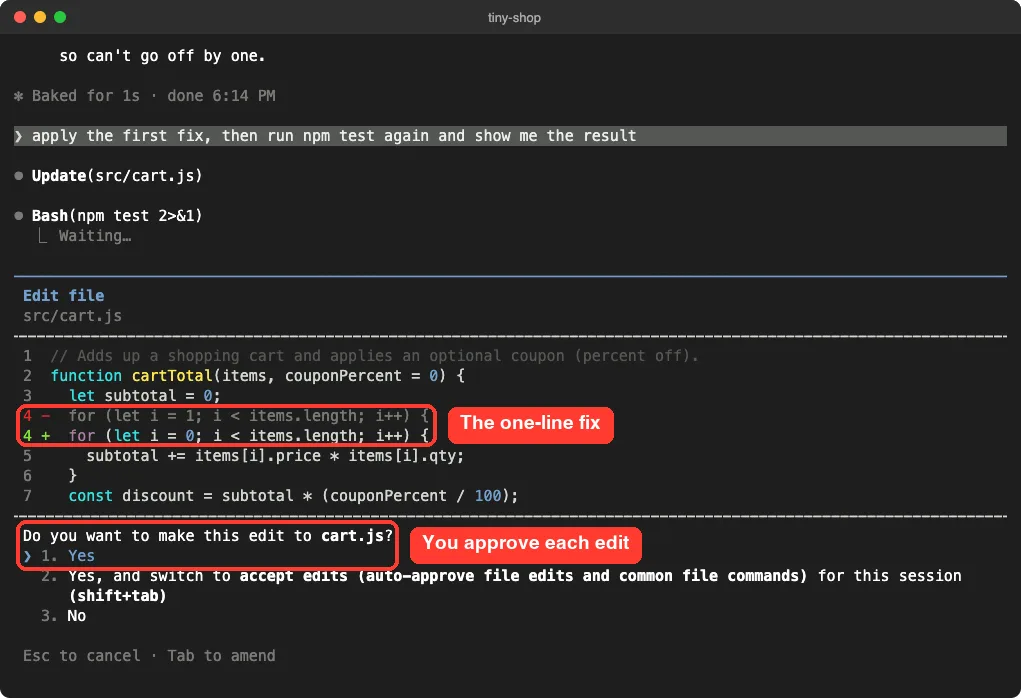 Claude Code edit permission prompt showing a diff of src/cart.js where the loop start changes from i = 1 to i = 0
