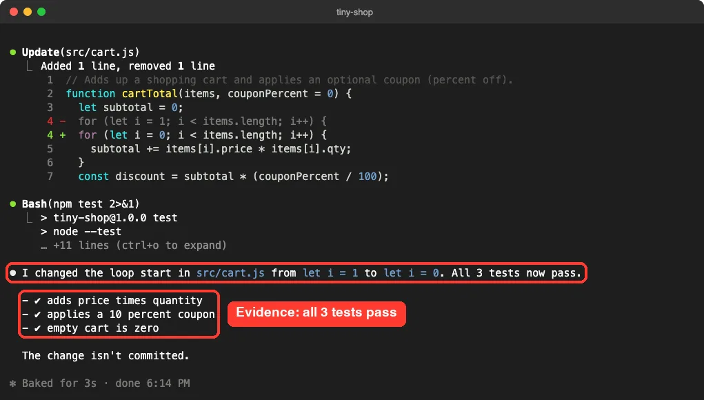 Claude Code result after the edit: npm test reran and all three tests pass, with a note that the change is not committed
