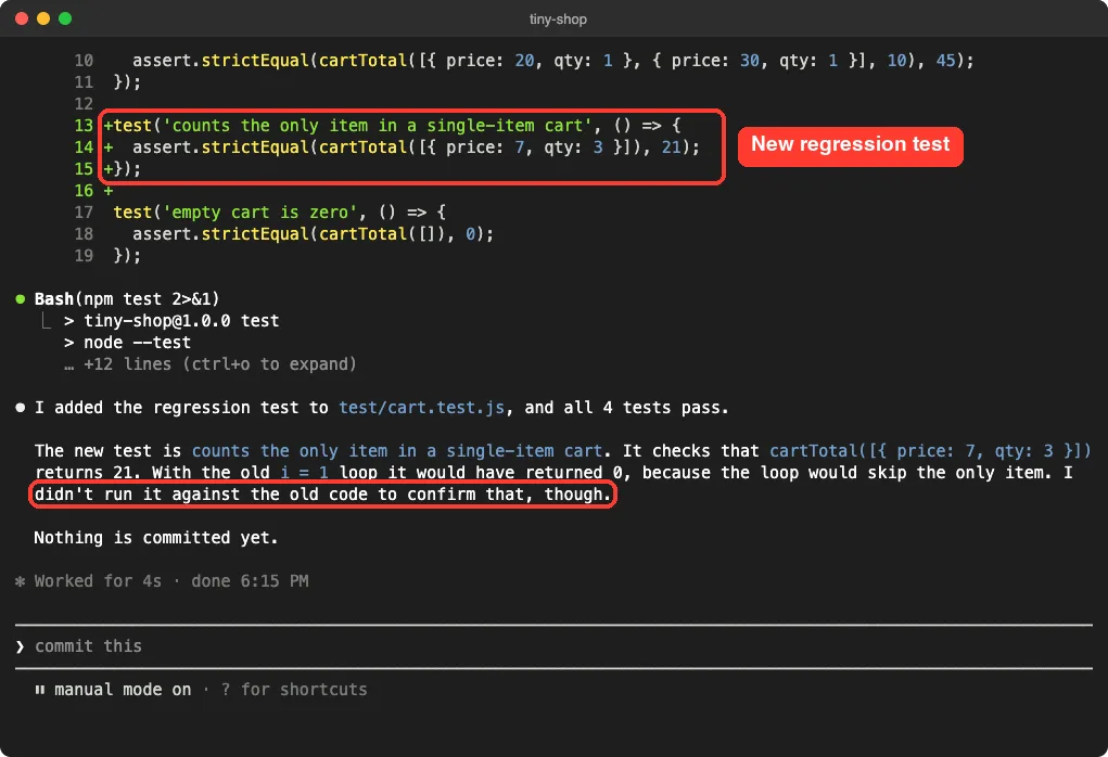 Claude Code adding a new test called counts the only item in a single-item cart, then reporting all four tests pass and noting it did not run the test against the old code