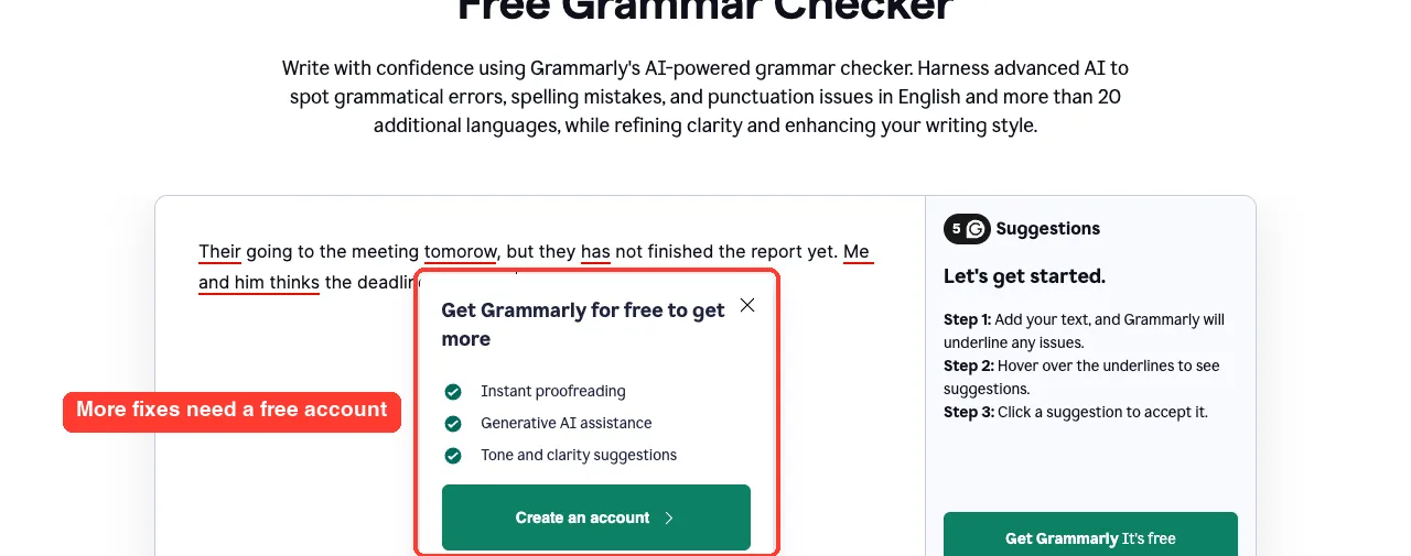 Grammarly guest checker asking the user to create a free account for more suggestions