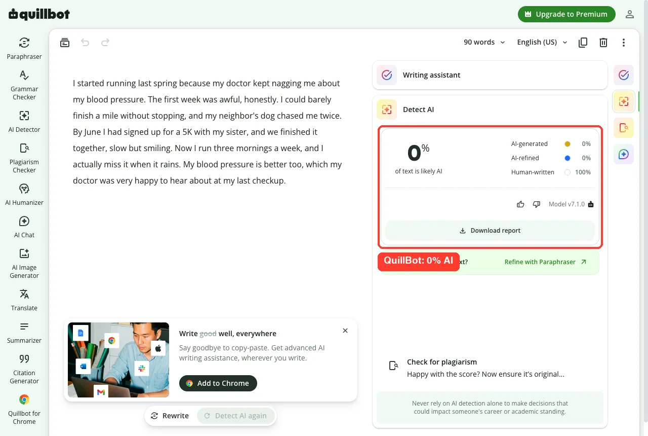 QuillBot AI detector rating AI-written text as 0 percent AI