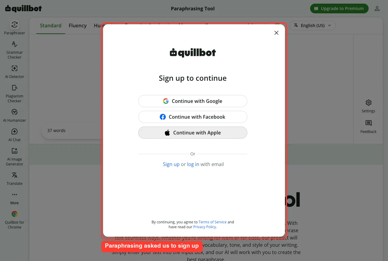QuillBot paraphrasing tool showing a sign up to continue window