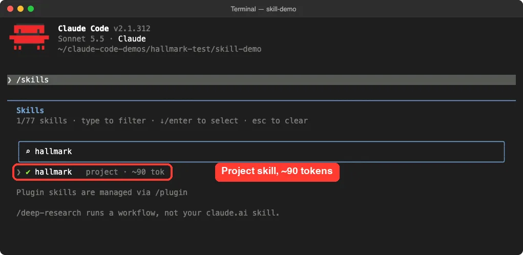 Claude Code skills list showing the Hallmark skill installed as a project skill