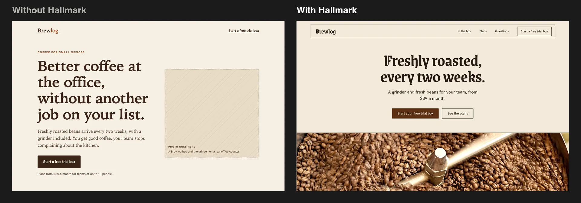 Hallmark Claude Code before and after: the same landing page with and without the skill on desktop