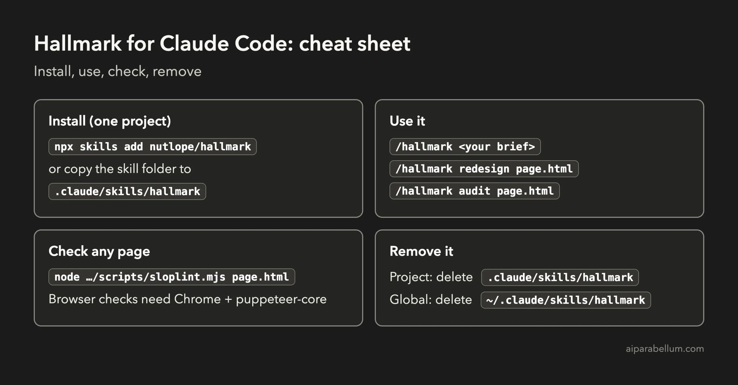 Hallmark Claude Code cheat sheet with install, use, check and remove commands