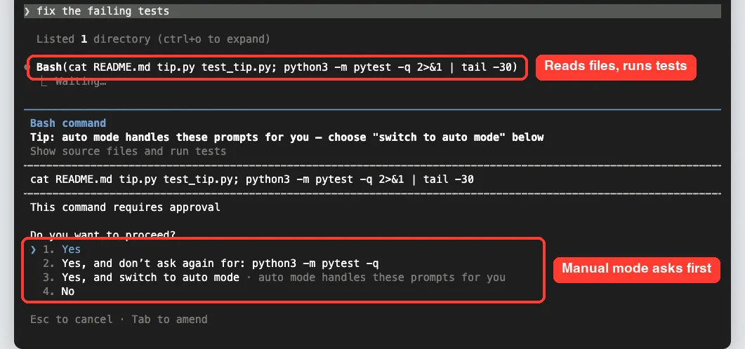 Claude Code asking permission to run a Bash command that reads files and runs tests