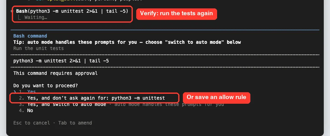 Claude Code asking to run python3 -m unittest to verify the fix