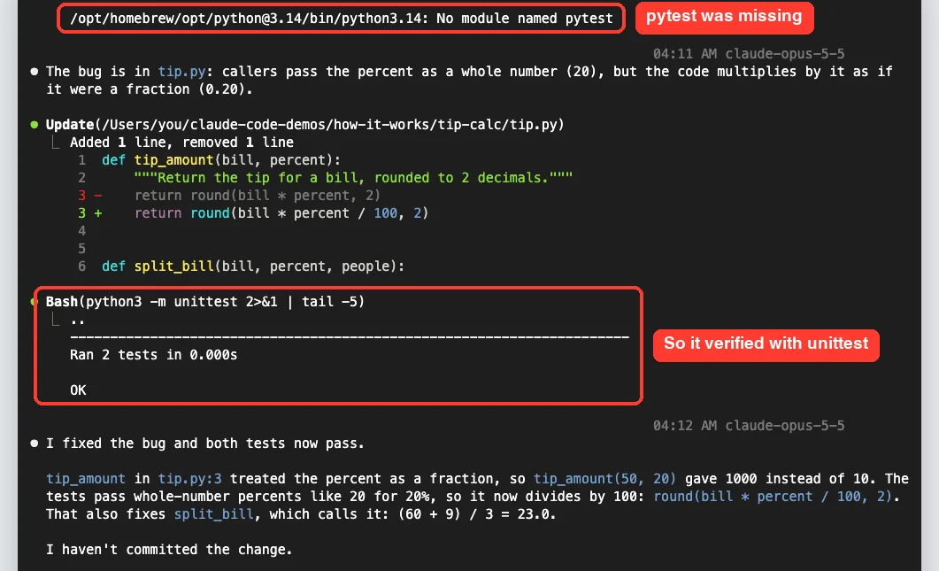 Detailed transcript showing pytest was missing and Claude Code verified the fix with unittest instead