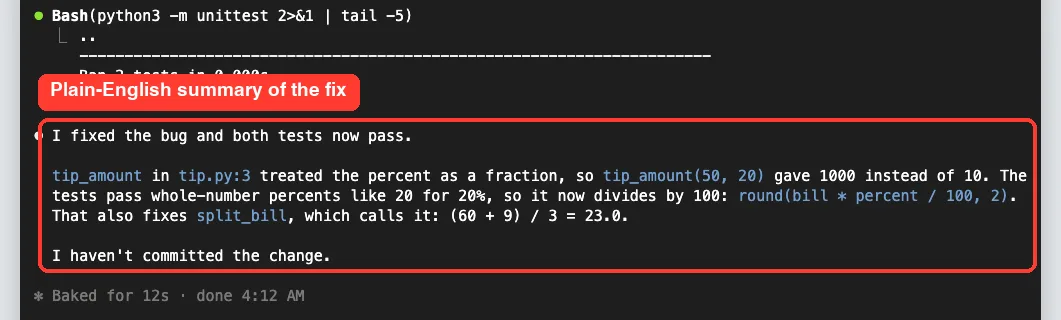 Claude Code summary saying it fixed the bug and both tests now pass
