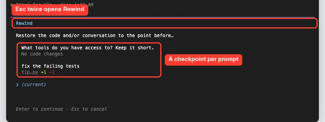 Claude Code Rewind menu listing two prompts, one with no code changes and one that changed tip.py