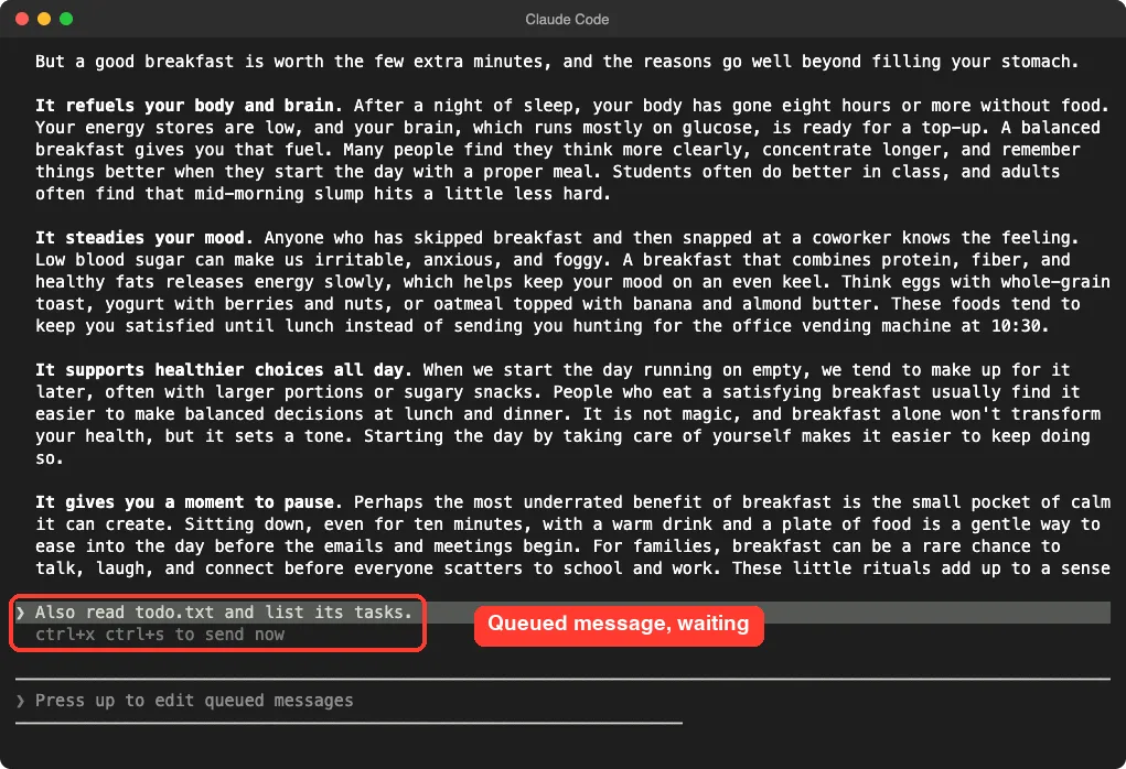 Claude Code terminal showing a queued message highlighted in gray below a long response