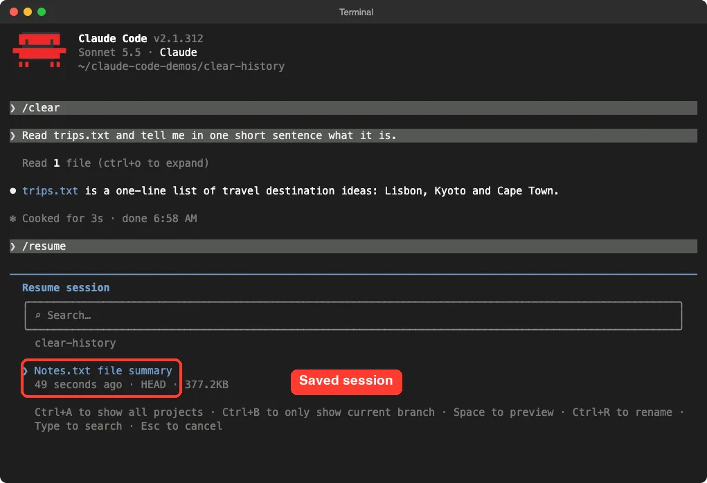 Claude Code resume picker listing the earlier session after the clear command was used