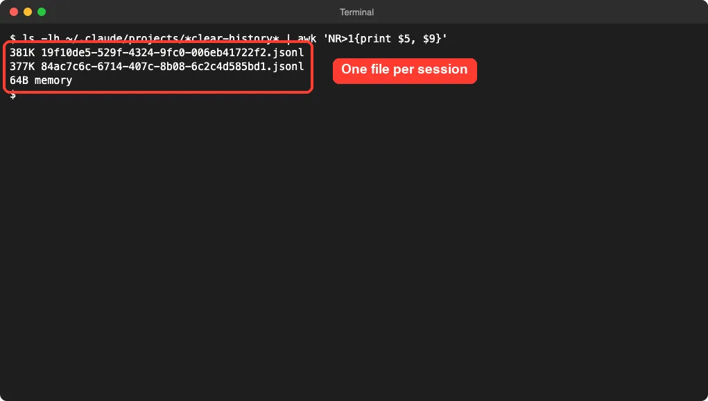 Terminal listing two jsonl session files and a memory folder inside the demo project's Claude Code folder