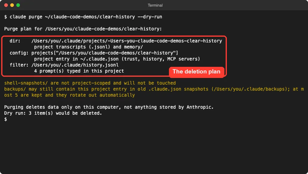Terminal output of claude purge dry run listing three items that would be deleted