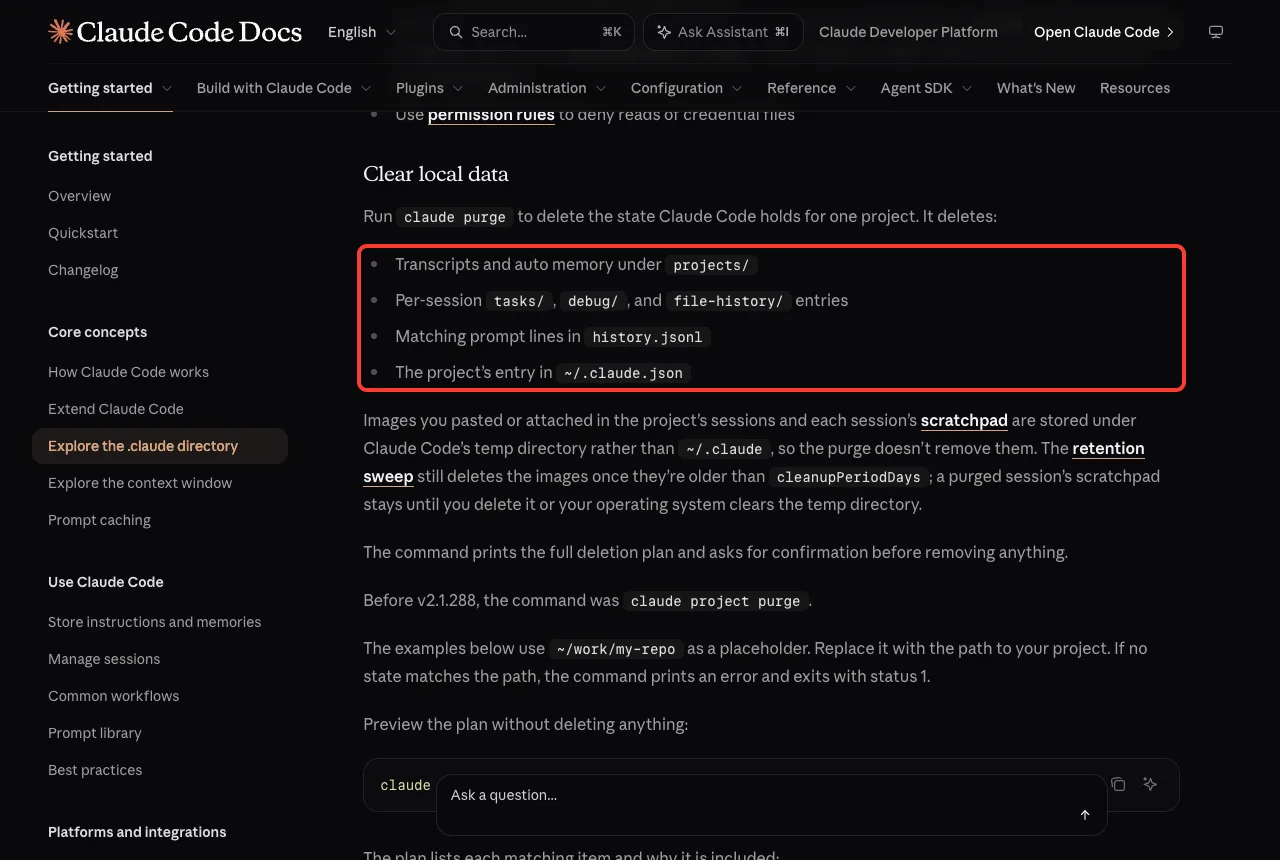 Official docs section on clearing local data with the list of items claude purge deletes, highlighted with a red box