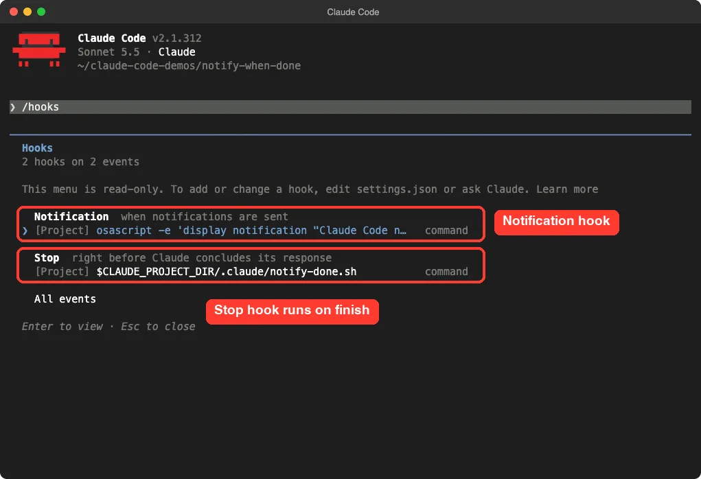 Claude Code hooks menu showing a Notification hook and a Stop hook, each in a red box