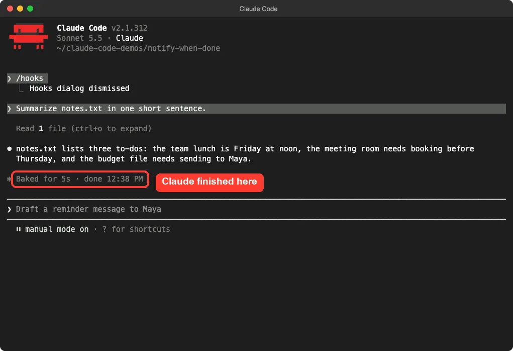 Claude Code showing a one sentence summary of notes.txt and a done line with the time, in a red box