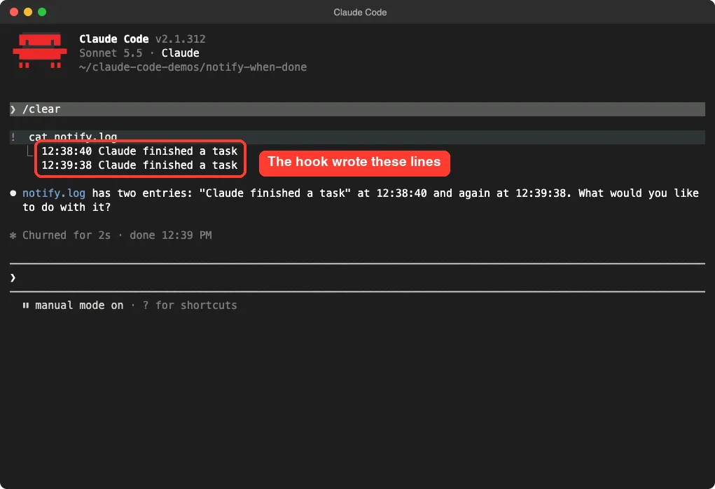 Claude Code showing the contents of notify.log with two lines in a red box