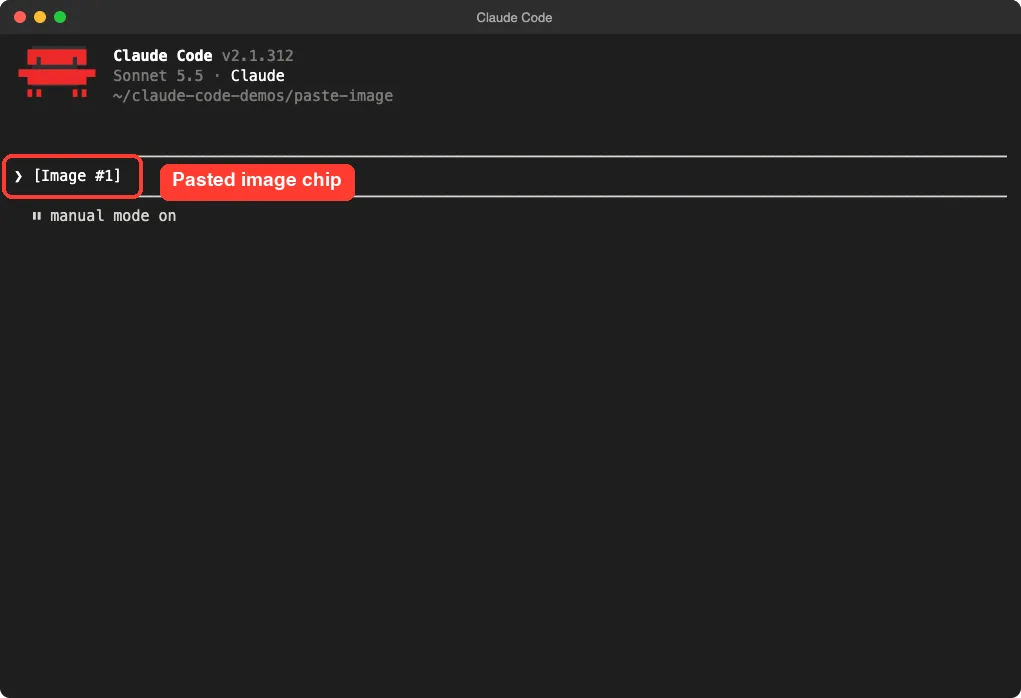 Claude Code prompt showing an Image #1 chip after pressing Ctrl+V