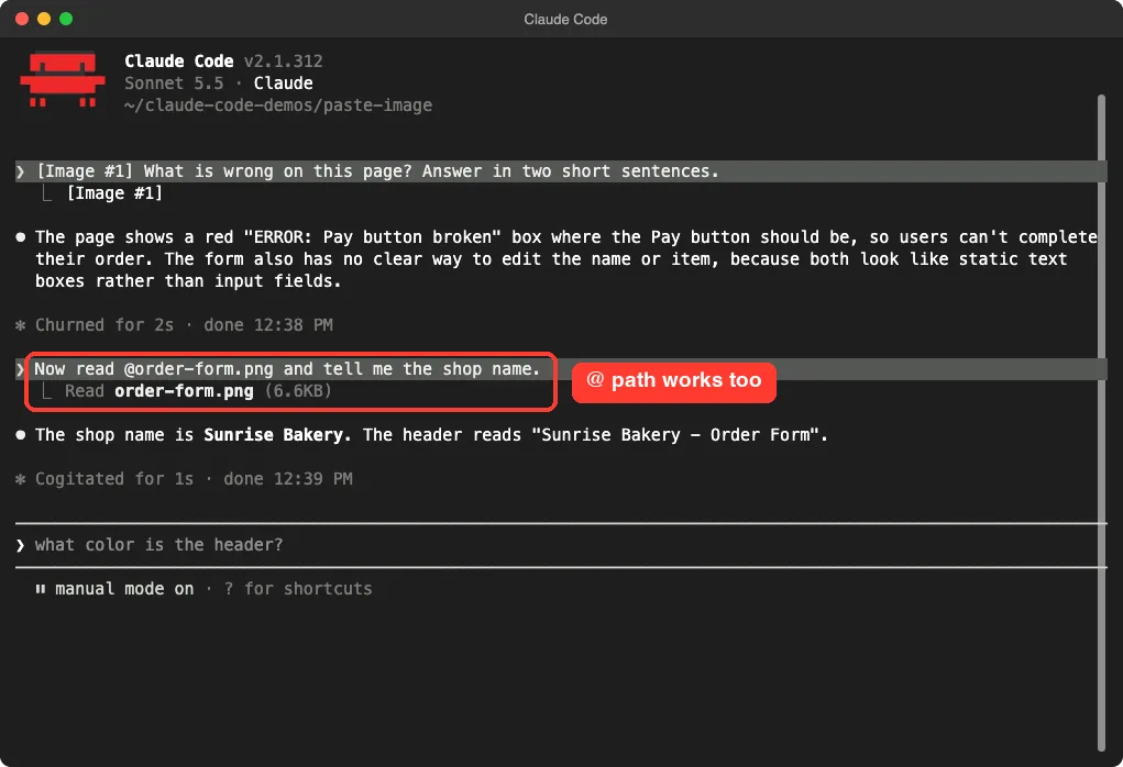 Claude Code reading order-form.png by path and answering Sunrise Bakery