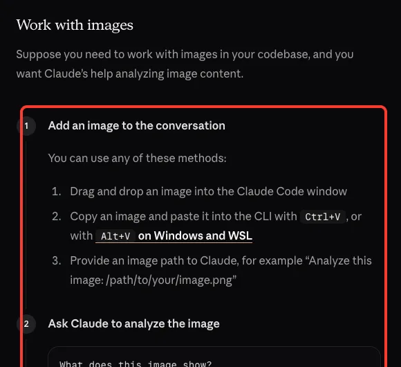 Official Claude Code docs section Work with images with the three methods highlighted