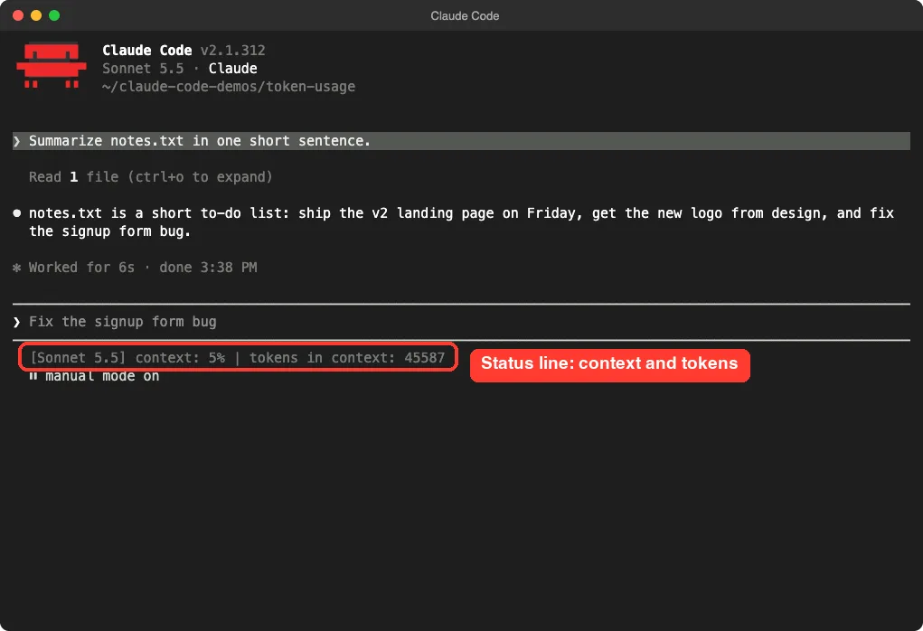 Claude Code session with a custom status line showing context 5 percent and tokens in context, in a red box