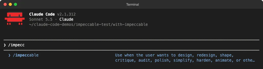 The /impeccable command showing in the Claude Code slash command menu