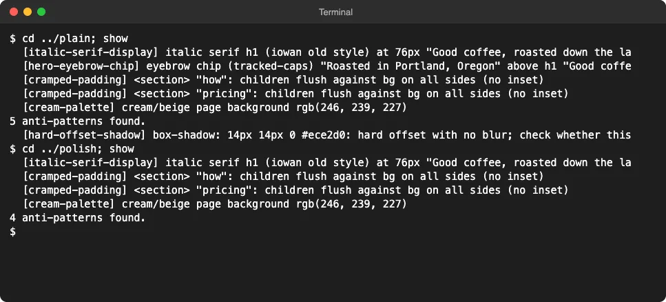Impeccable detector results in a terminal: 5 findings on the plain page and 4 after polish