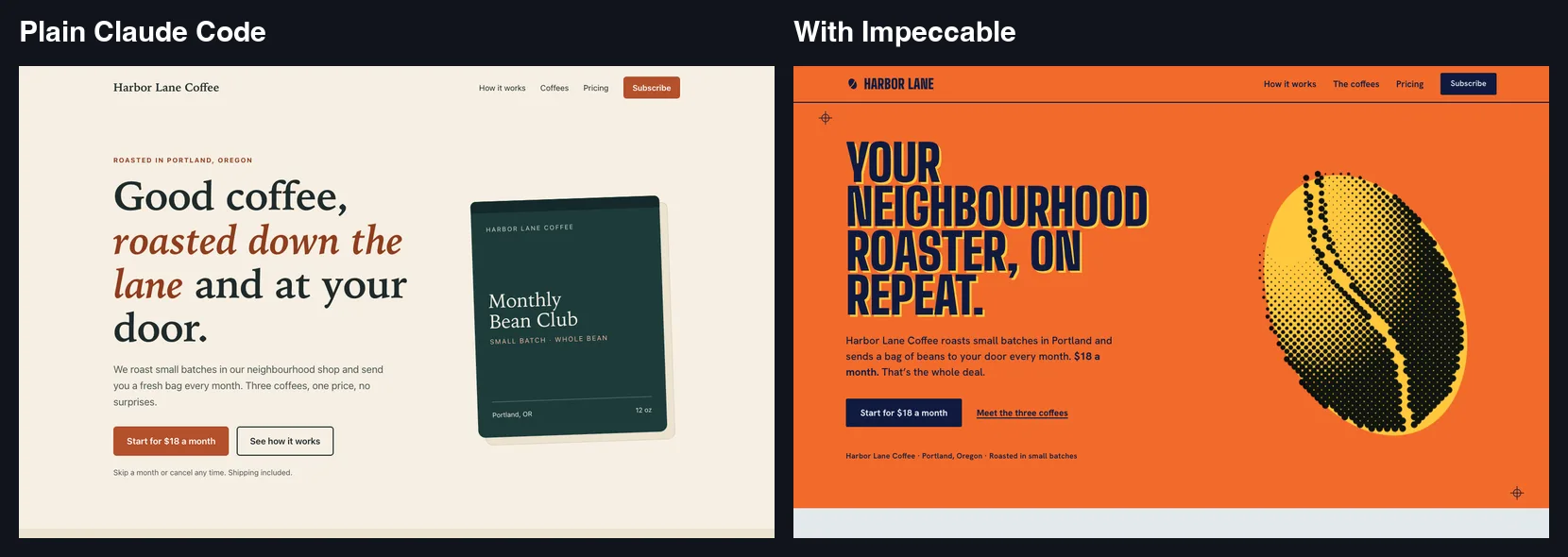 Impeccable for Claude Code before and after: a cream landing page beside an orange poster-style page
